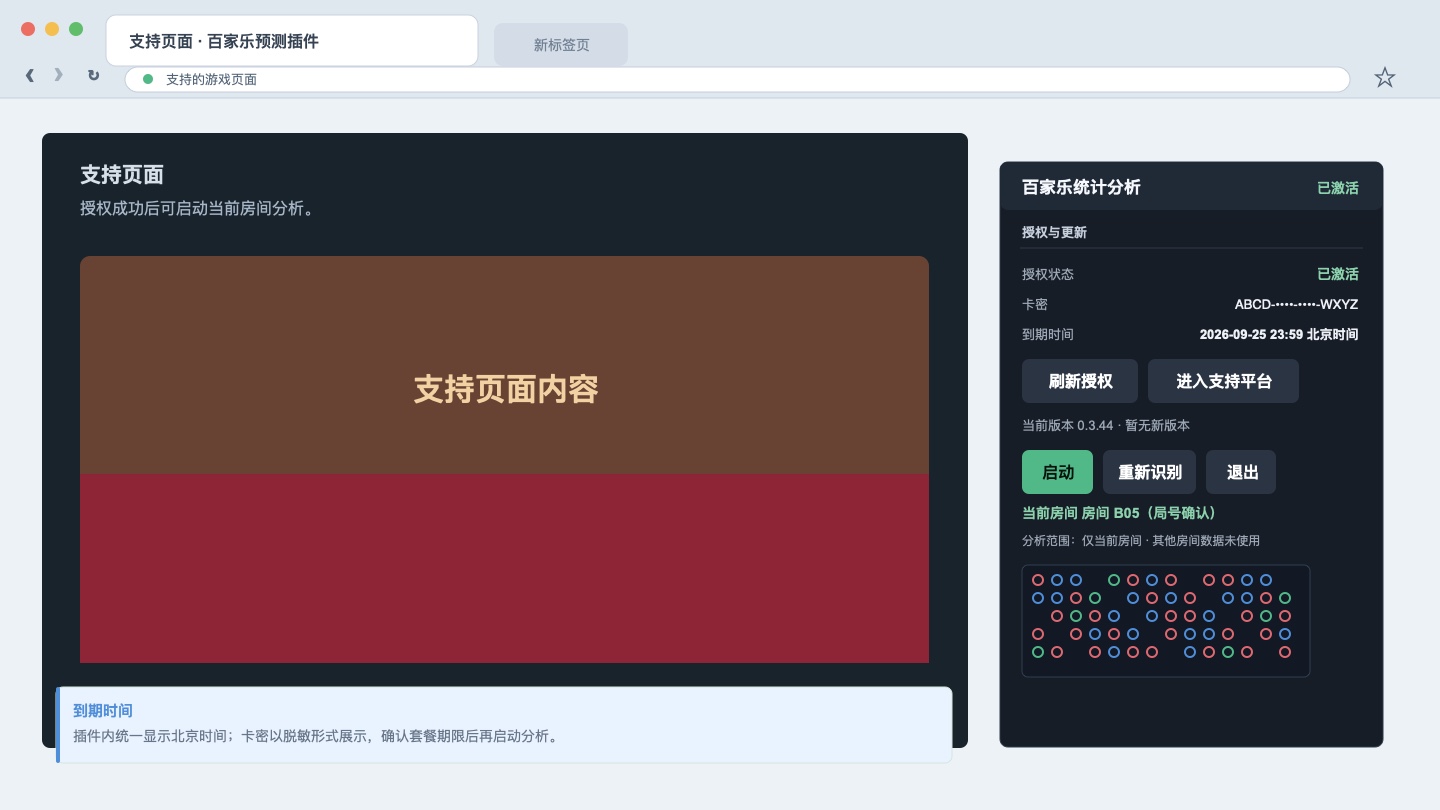 百家乐统计分析侧边栏显示 v1.0.0 授权状态和北京时间到期时间